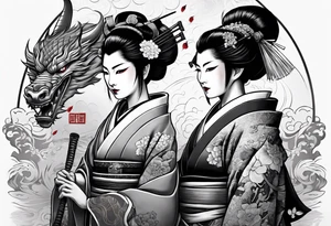 geisha in samurai armor, wearing an odashi in her hand and an oni mask on her belt, with a dragon in the background tattoo idea