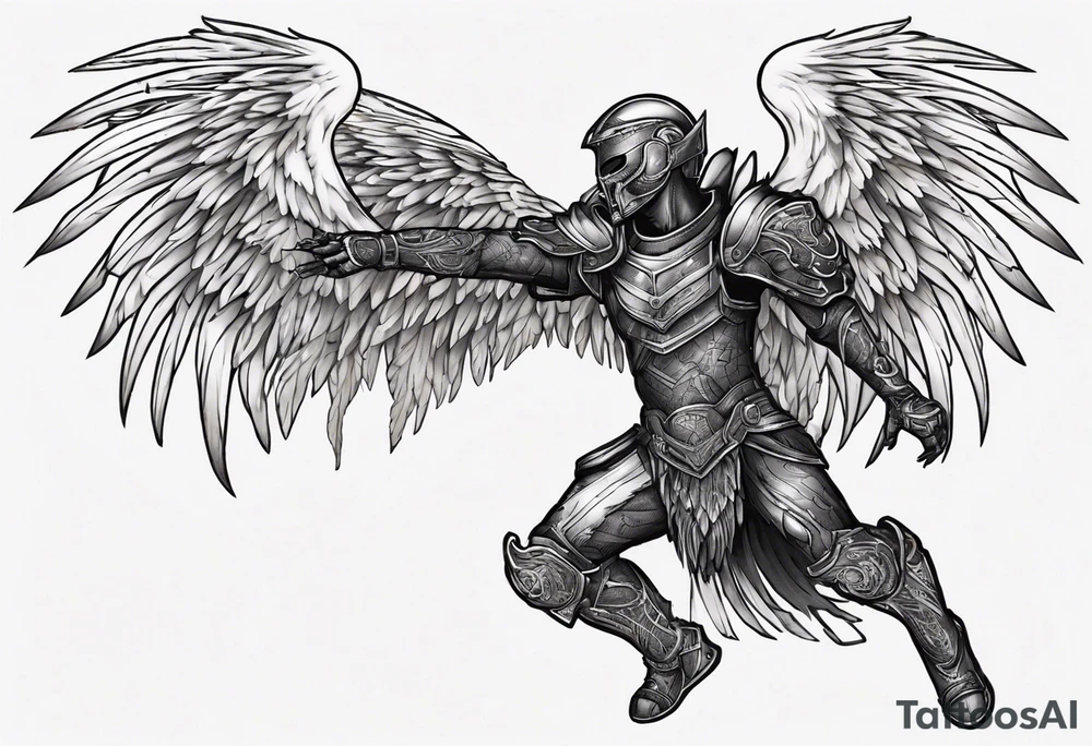 Side view of an black angel wearing inorganic armor that is in mid-air ready to attack tattoo idea