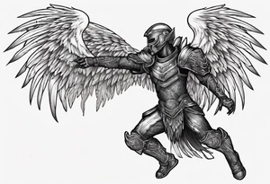 Side view of an black angel wearing inorganic armor that is in mid-air ready to attack tattoo idea