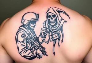 Forearm tattoo , Special forces combat medic treating a soldier while he puts his middle finger up at the grim reaper tattoo idea