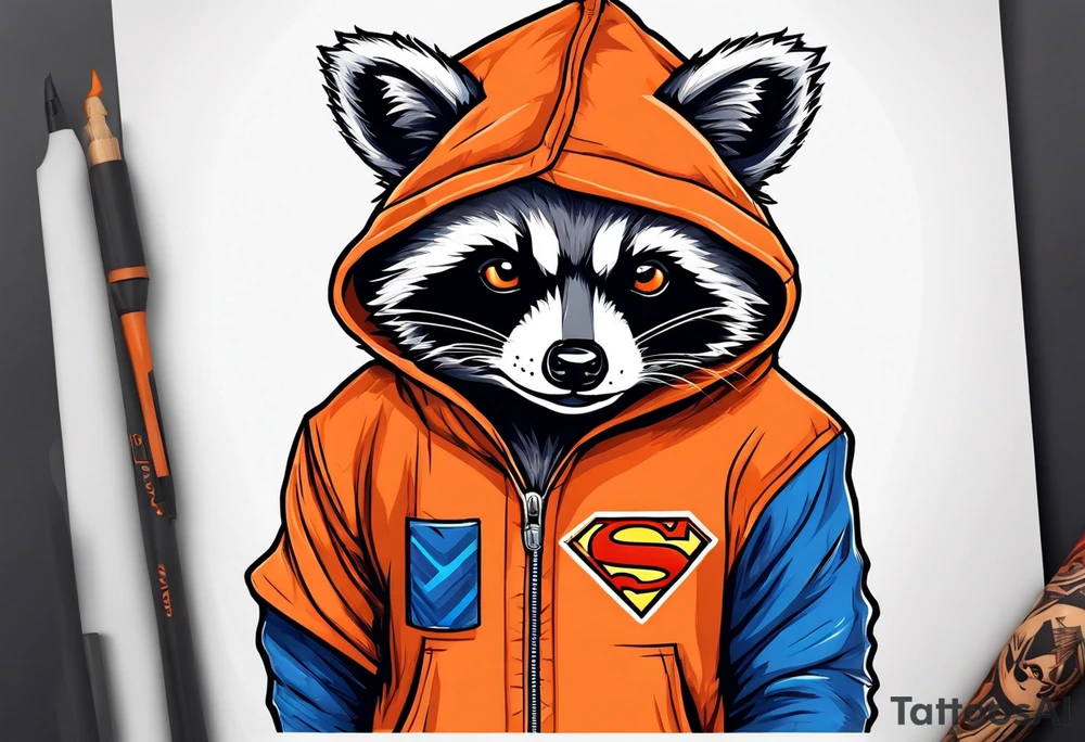 Raccoon wearing an orange Superman hoodie tattoo idea