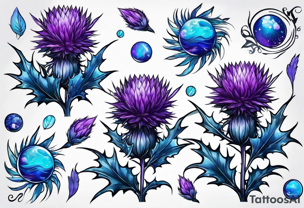 Purple thistle with blue Neptune planet tattoo idea