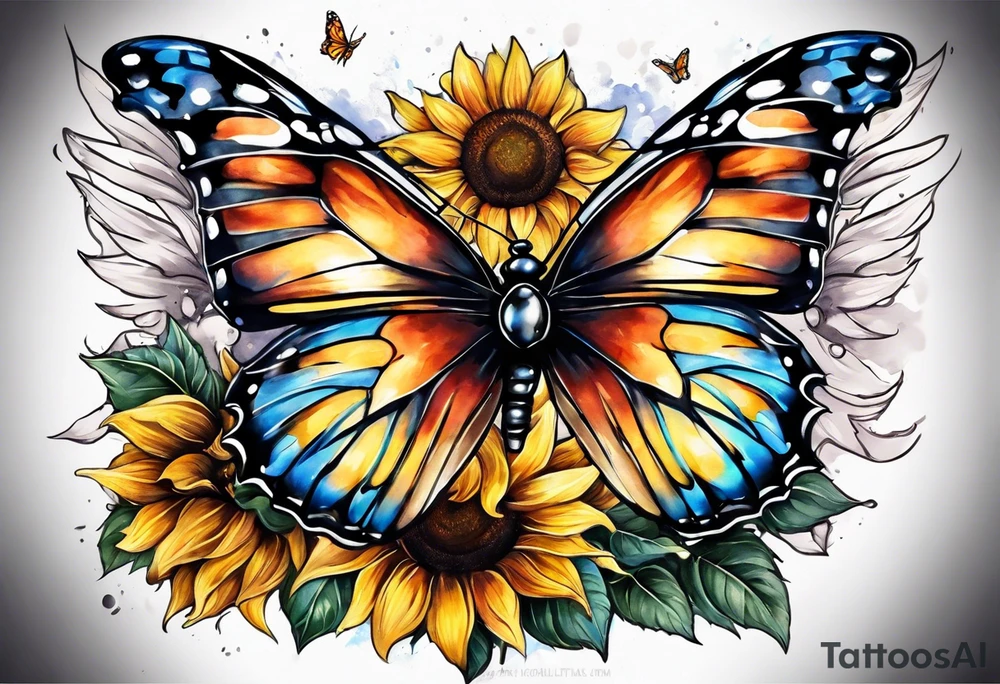 Sleeve with angel wings, sunflower and butterfly tattoo idea