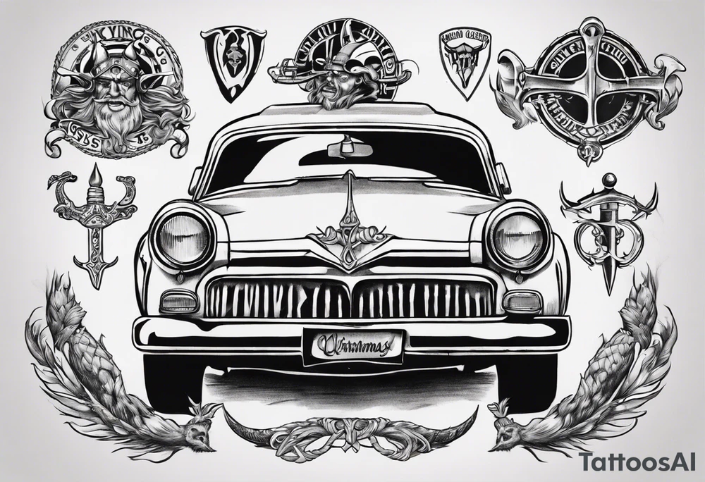 i want a tattoo of a viking and a old classic vintage car  and I want the words “Viking Customs” incorporated into the design tattoo idea