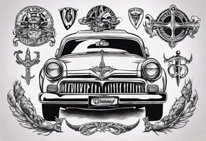 i want a tattoo of a viking and a old classic vintage car  and I want the words “Viking Customs” incorporated into the design tattoo idea