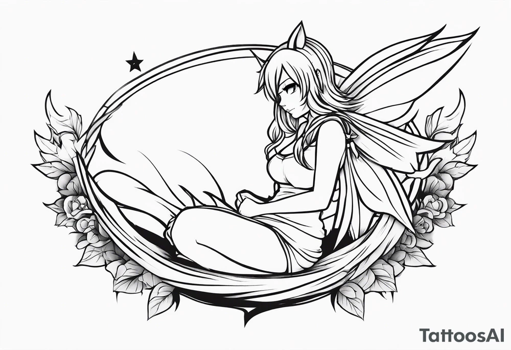 No color fairy with a tail inspired by the logo of the anime show called Fairy Tail in a fetal position leaning in and forward while sleeping tattoo idea