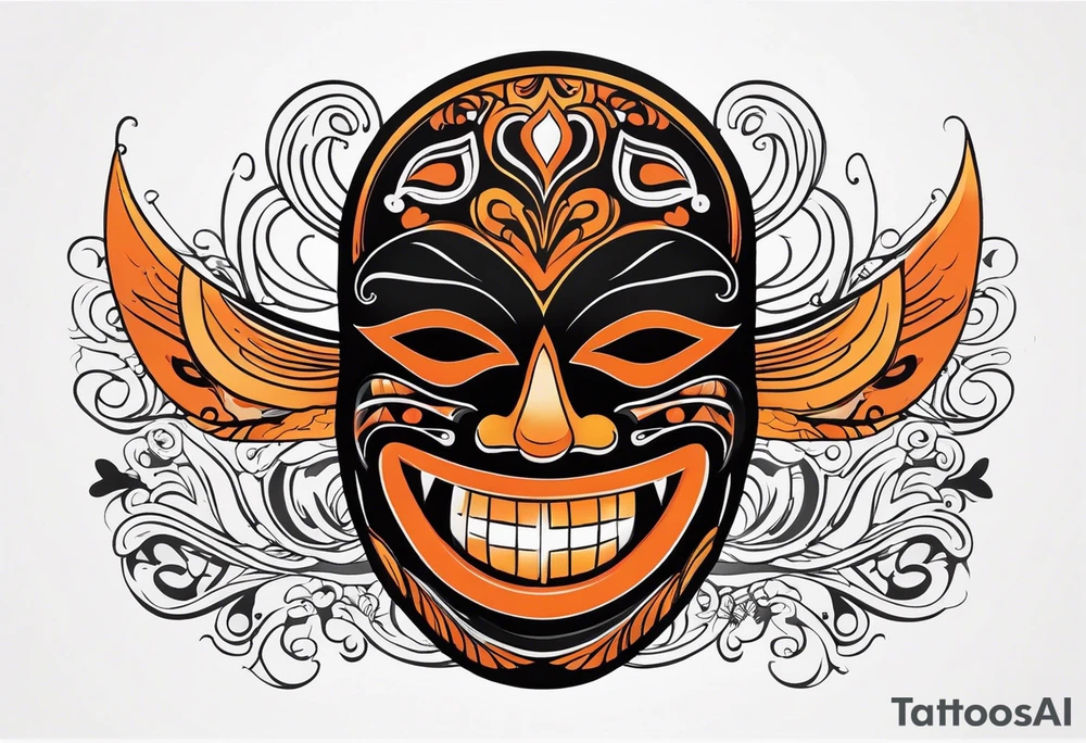 Laughing Mexican mask that is orange and black simplistic tattoo idea