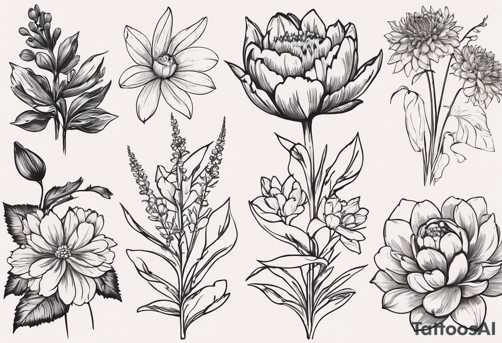 I want a full sleeve that tells the story of the people most important to me. I want my daughter’s birth flowers. One daughter’s birth flowers are larkspur and water lily. My second daughters birth flowers are chrysanthemum and peony. I also want a Palm tree and juniper tree represented because their names are Palmer and Juniper. I want my husband and I represent in some way as well. My husbands birth flowers are Iris and violet. My birth flowers are hawthorn and lily of the valley. Add a juniper tree and palm tree tattoo idea