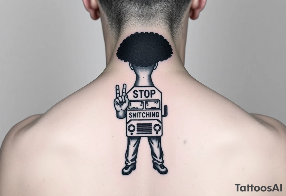 an african american with an afro with his hands standing in front of him with one hand vertically and one horrizonal in the shape of a T standing of a short bus with a stop sign that says STOP SNITCHING tattoo idea