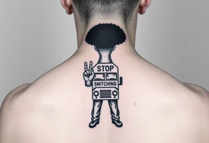 an african american with an afro with his hands standing in front of him with one hand vertically and one horrizonal in the shape of a T standing of a short bus with a stop sign that says STOP SNITCHING tattoo idea