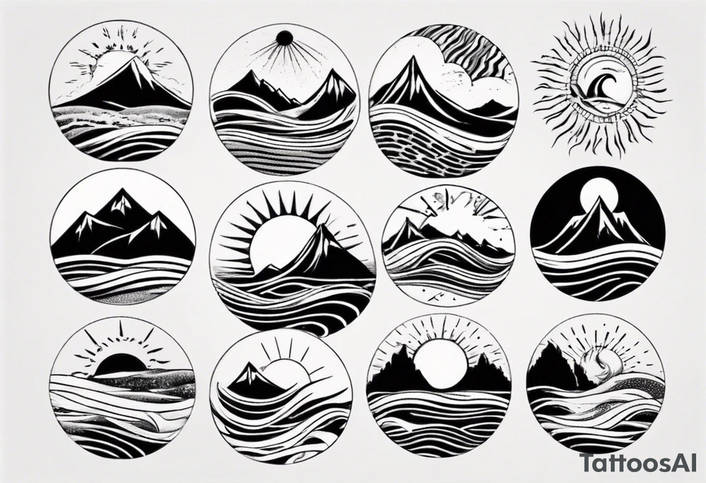 mountains, beach, waves, sun tattoo idea