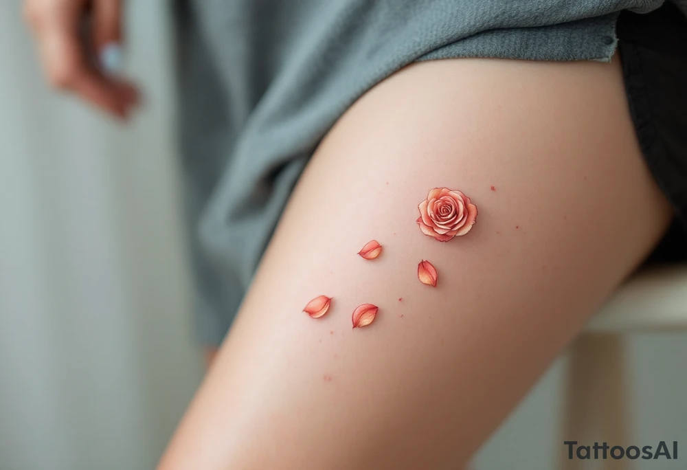 Mini tattoo of rose petals falling, in rose gold ink on pale skin, graceful and symbolic. tattoo idea