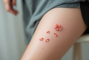 Mini tattoo of rose petals falling, in rose gold ink on pale skin, graceful and symbolic. tattoo idea