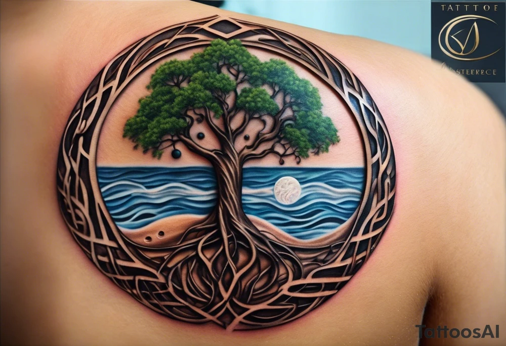 A tattoo design that incorporates the following elements: an abstract tree of life that has roots emerging  from the ground. Waves of water encapsulate the tree and wind around it in an organic way.  Incorporate music.   the letters U and A are overlapping and engraved into the tree. a golf ball incorporated but not prominent. tattoo idea