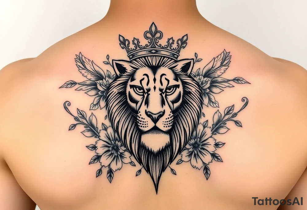 powerful majestic lion with a crown, surrounded by floral ornaments and birds tattoo idea