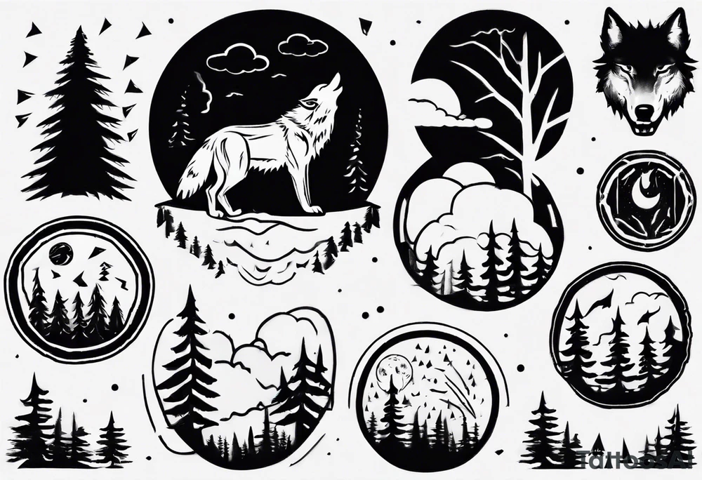 thunderstorm over a forest with a wolf howling on drums tattoo idea thunderstorm over a forest with a wolf howling on drums tattoo idea