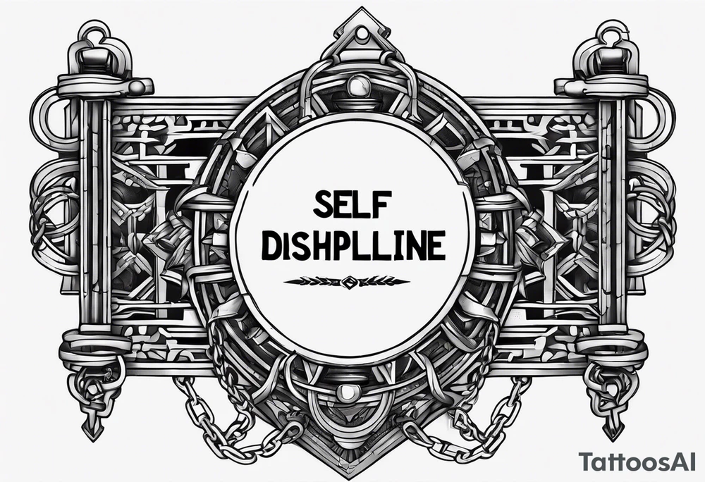 Tattoo of the word 'Self discipline' tied on both ends with metal chains and connected in the middle with a lock tattoo idea