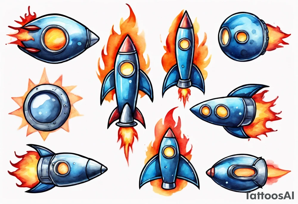 Super simple cartoon rocket ship with a round window, 3 fins, and fire coming out the bottom

Add some shading, color, and detail to make less basic - no blue tattoo idea