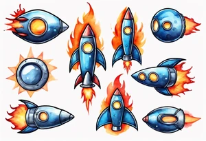 Super simple cartoon rocket ship with a round window, 3 fins, and fire coming out the bottom

Add some shading, color, and detail to make less basic - no blue tattoo idea