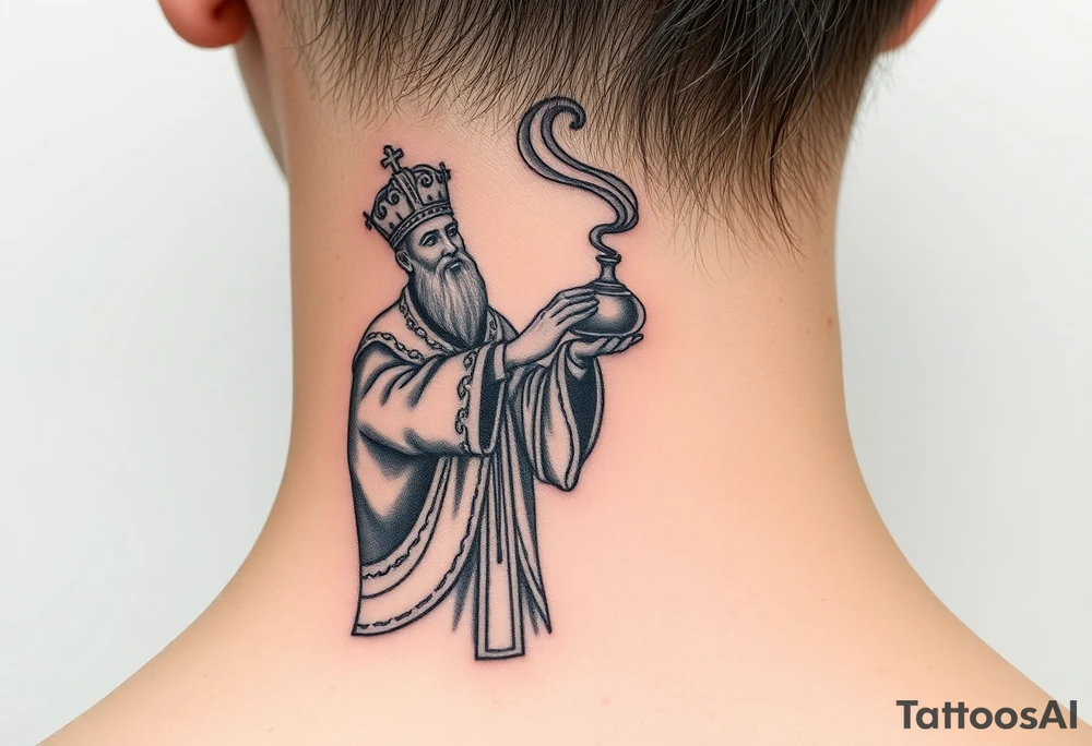 Russian Orthodox Priest in a fully detailed gold vestment swinging a censer with smoke curling upward tattoo idea