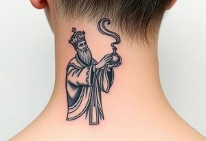 Russian Orthodox Priest in a fully detailed gold vestment swinging a censer with smoke curling upward tattoo idea