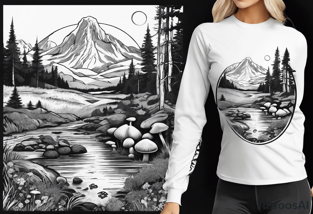 Whole picture encircled fully

Straight long blonde hair hippie girl in distance holding mushrooms in hand facing away toward mountains and creek surrounded by mushrooms long sleeve shirt and hiking pants; whole rendering within a full circle, no cut off circle tattoo idea