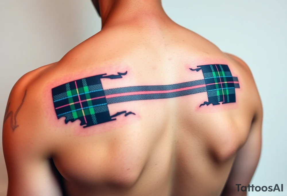 arm Dark Purple with green pink blue and white highlights tartan fabric with flesh peeling away at edges tattoo idea