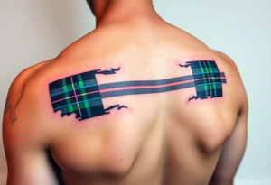 arm Dark Purple with green pink blue and white highlights tartan fabric with flesh peeling away at edges tattoo idea