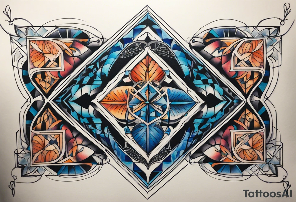 semi Detailed neo traditional knee tattoo flat on paper. The tattoo features geometric patterns and bold lines, creating a visually striking design with slight tints of deep fall colors. The a background 
outside the tattoo features deep blues washes and water swirls tattoo idea