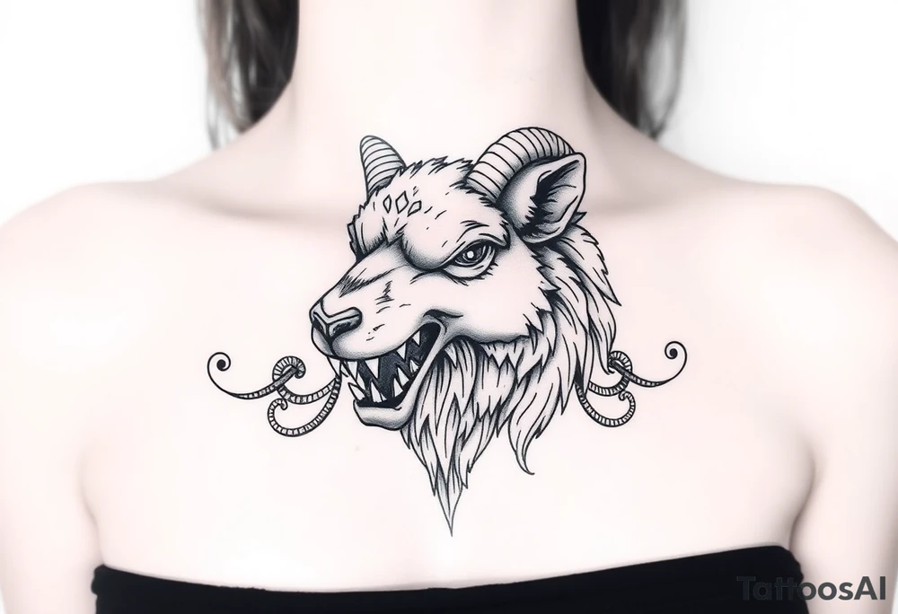 A  sheep wolf showing teeth as a mystical creature tattoo idea