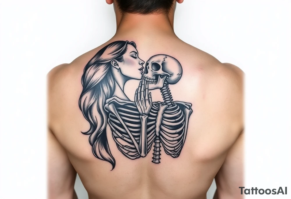 A lady passionately kissing a skeleton tattoo idea