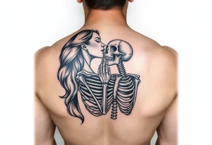 A lady passionately kissing a skeleton tattoo idea