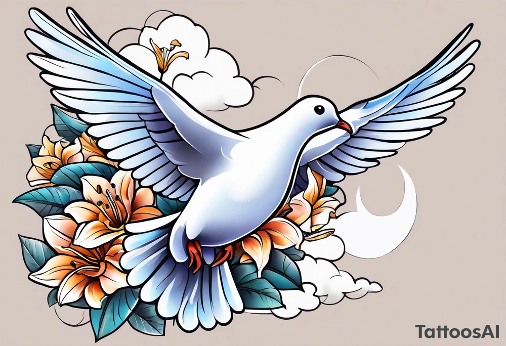 Dove with lily flowers in clouds tattoo idea