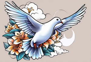 Dove with lily flowers in clouds tattoo idea