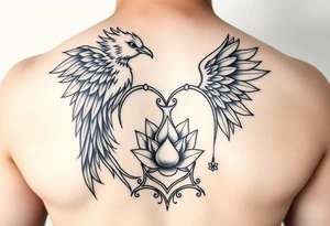the phoenix and hour glass with lotus flower in kintsugi heart design tattoo idea