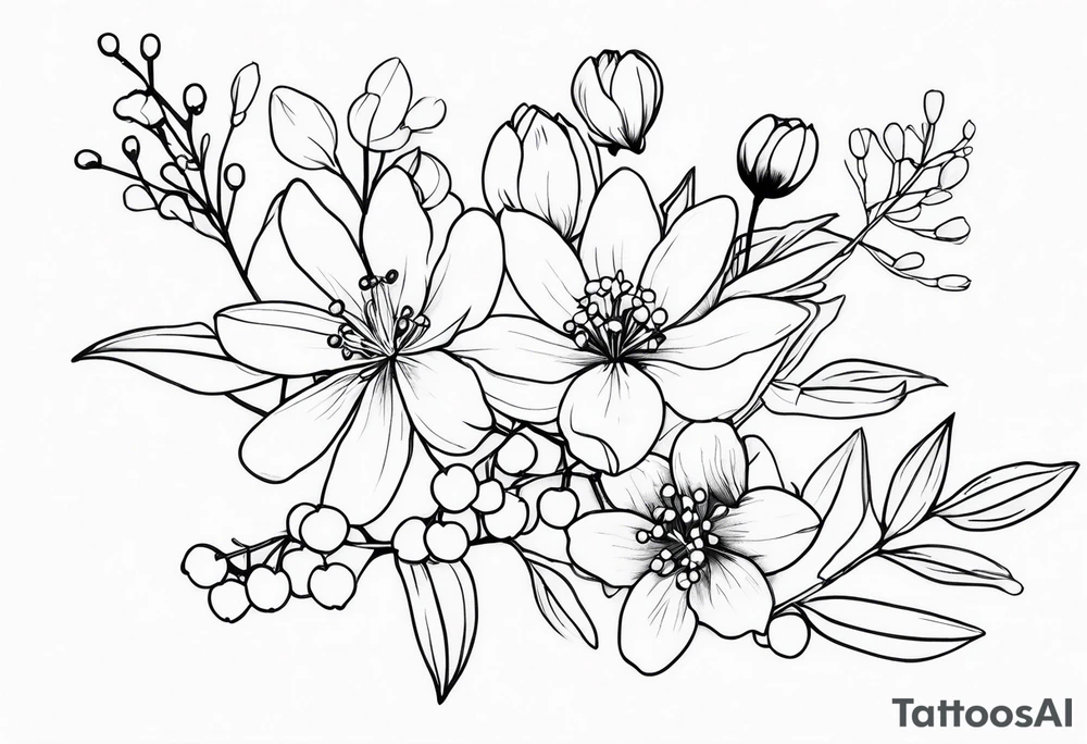 cosmos flower, rowan tree berries, cherry blossoms, lily of the valley tattoo idea