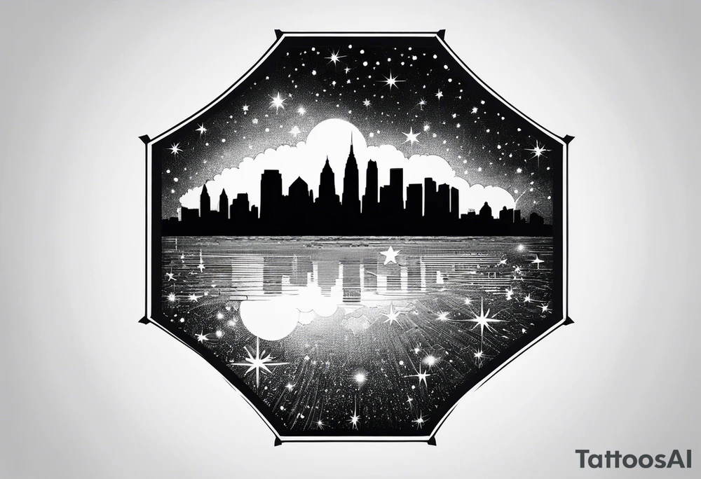 Starry sky with silhouette of Philadelphia skyline. Tattoo is embedded in a hexagonal frame tattoo idea