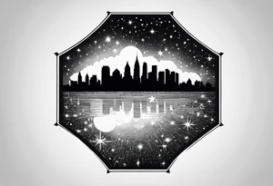 Starry sky with silhouette of Philadelphia skyline. Tattoo is embedded in a hexagonal frame tattoo idea