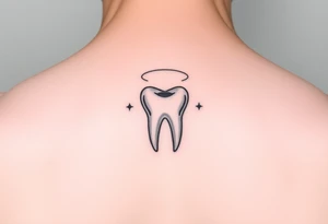 Ultra-minimalist molar tooth with a thin curved line forming a halo above, and two small dots on each side like distant stars, refined and elegant.” tattoo idea