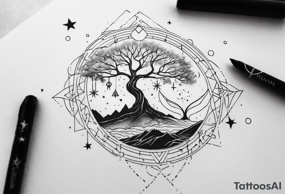 Tree of Life with DNA and Deathly Hallows Symbol and Velaris Mountains and Stars tattoo idea