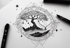 Tree of Life with DNA and Deathly Hallows Symbol and Velaris Mountains and Stars tattoo idea