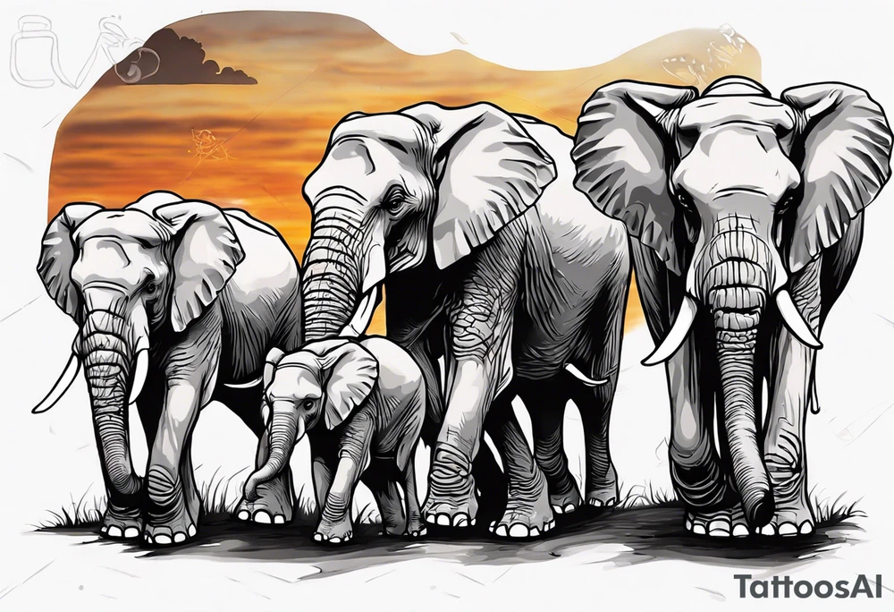 family of 6 elephants walking into sunset after one of them has died tattoo idea