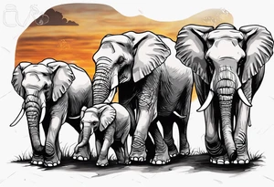 family of 6 elephants walking into sunset after one of them has died tattoo idea