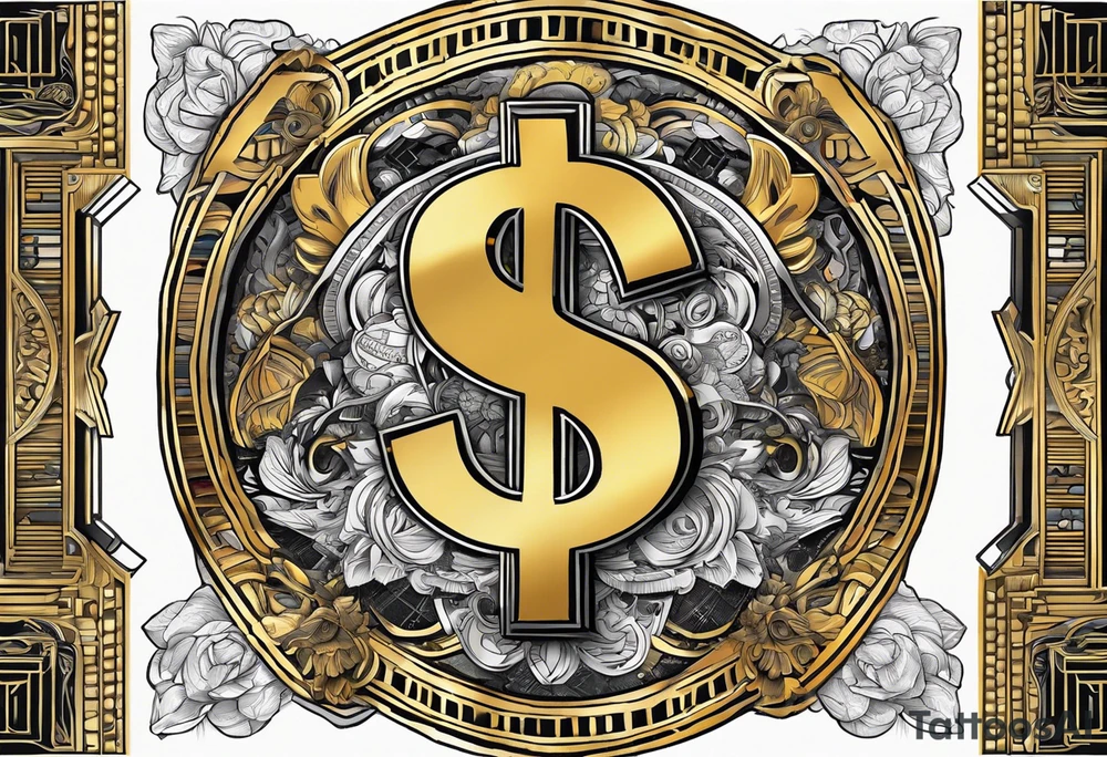 Gold dollar sign with a fist that looks like a hundred speaker bill punching through it tattoo idea