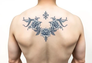 a half sleeve with porcelain blue style with ornate and floral decor with a detailed banded border at the wrist and elbow. tattoo idea