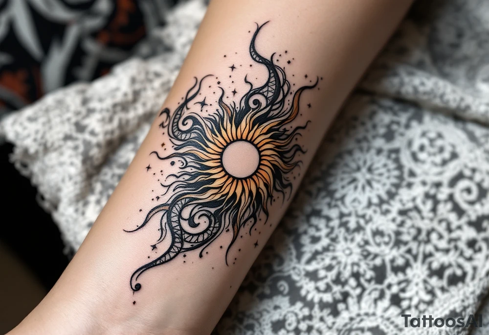Word "phuong" written with sun inner arm tattoo idea