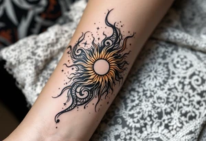 Word "phuong" written with sun inner arm tattoo idea