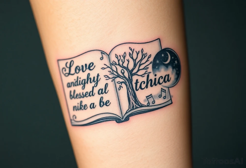 I want an open book and scripted on the left side of the pages and love and light blessed be on the right side of the pages the name tichica with the tree of life growing through the pages music notes dancing around it a crescent moon on the right side with a starry night background and dark clouds tattoo idea