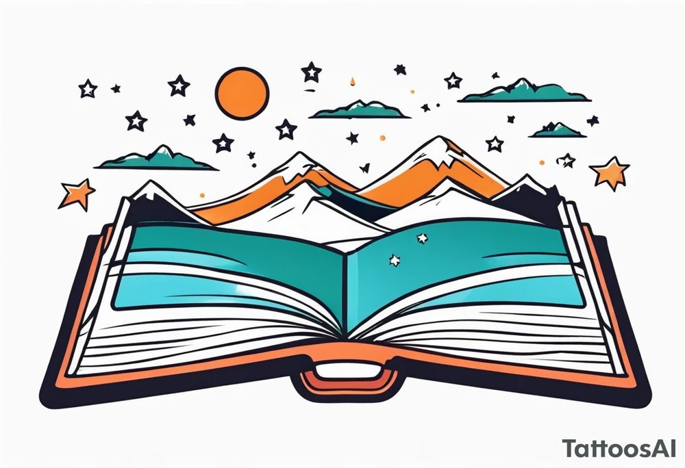 Open book with stars and mountains in a cartoon minimalistic design. Incorporate sushi rolls subtly tattoo idea