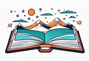 Open book with stars and mountains in a cartoon minimalistic design. Incorporate sushi rolls subtly tattoo idea